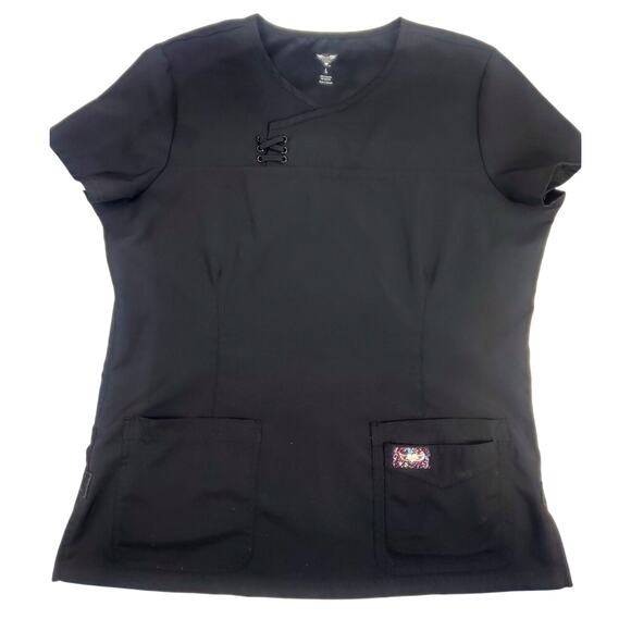 KOI Tech L Serena Womens Black Mock Wrap V-Neck Short Sleeve Scrub Top Large - Picture 1 of 5